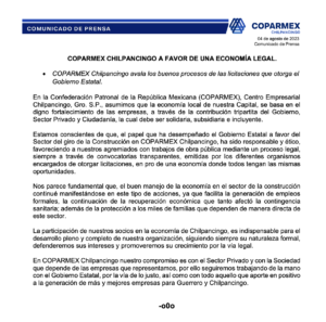 Comunicado de Prensa COPARMEX - Evelyn Salgado Pineda - Licitaciones