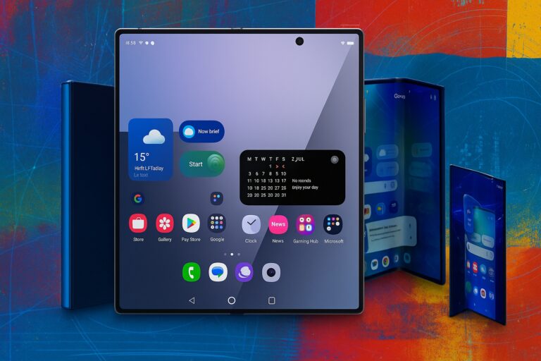Tres versiones del Galaxy Z Fold 7 —abierto como tablet, cerrado como smartphone y semiabierto— sobre un fondo tecnológico en tonos azul y púrpura, mostrando la evolución en diseño e innovación de Samsung.