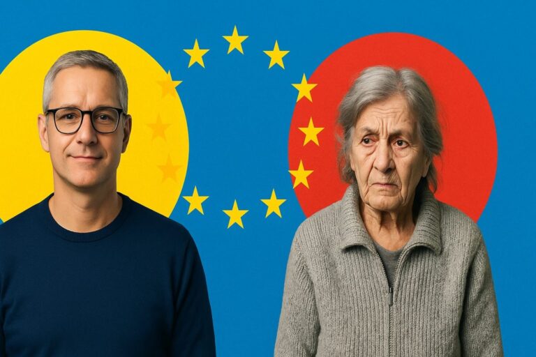 Imagen editorial estilo pop que refleja la brecha financiera en la Unión Europea, mostrando contraste entre prosperidad y dificultad económica.