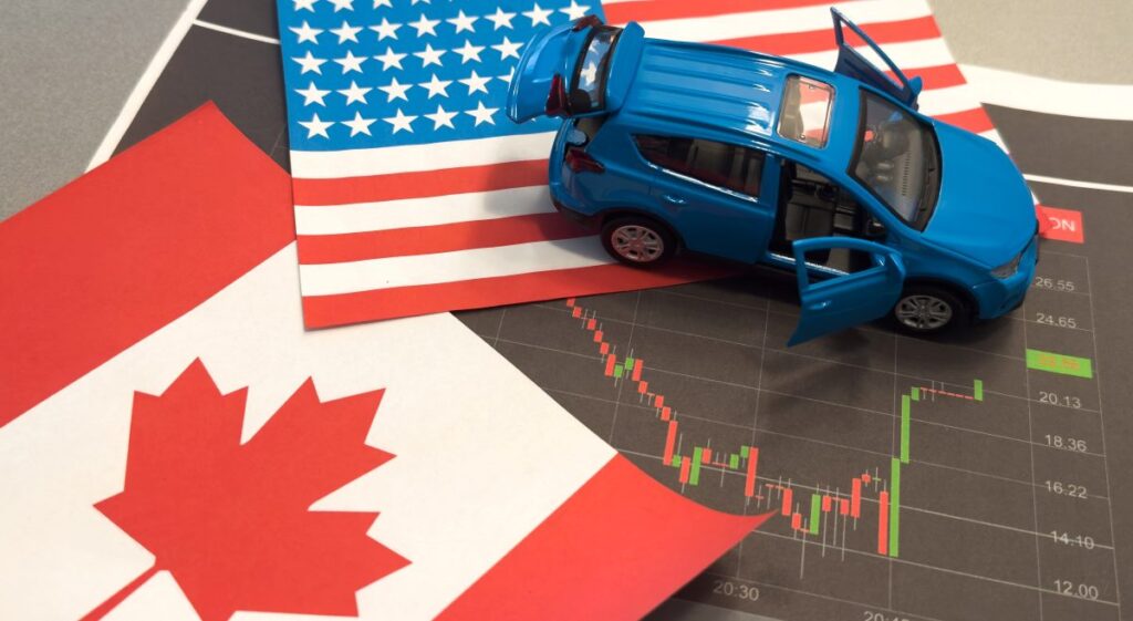 Banderas de Canadá y Estados Unidos junto a un auto azul sobre gráficos financieros, ilustrando la decisión de Canadá de reducir aranceles tras la llamada de Trump y su impacto en el comercio bilateral norteamericano.