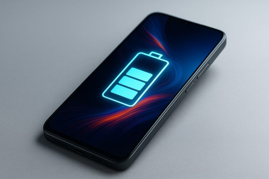 Imagen de un smartphone futurista con batería de 15,000 mAh y diseño delgado sobre fondo minimalista
