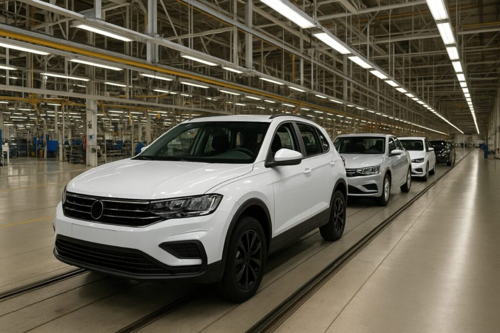 Coches construidos en México en planta automotriz listos para exportación global.