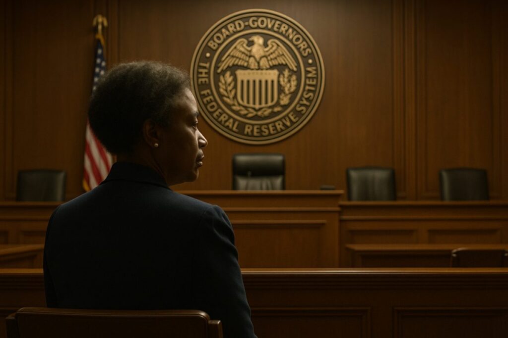Sala de audiencia con sello de la Reserva Federal al fondo y figura simbólica que representa la independencia-Fed en disputa judicial.