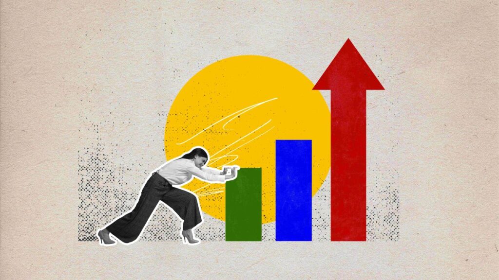 Mujer impulsando gráfico de barras con flecha ascendente que simboliza emprendimiento en auge e innovación empresarial