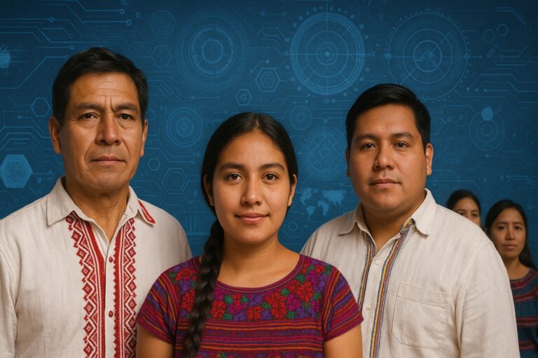 Fotografía de emprendedores indígenas mexicanos con vestimenta tradicional frente a un fondo digital con circuitos y gráficos tecnológicos, representando la fusión entre saberes ancestrales y proyectos de innovación comunitaria.
