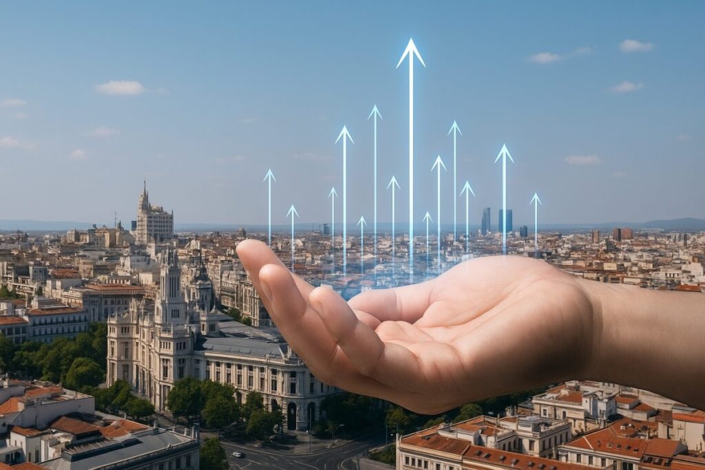Mano en primer plano sobre vista panorámica de Madrid con flechas ascendentes que representan la recaudación con impuesto a millonarios y el crecimiento económico en España