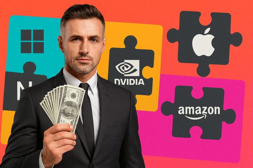 Hombre de negocios con dinero en mano frente a íconos de Apple, Microsoft, Amazon y NVIDIA, simbolizando adquisiciones de las Siete Magníficas.