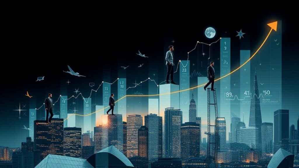 Ilustración de tendencias de negocio en 2025 con energías renovables, educación digital y comercio electrónico.