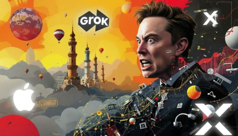 Ilustración editorial de Elon Musk en conflicto con Apple por exclusión de las aplicaciones X y Grok en la App Store.
