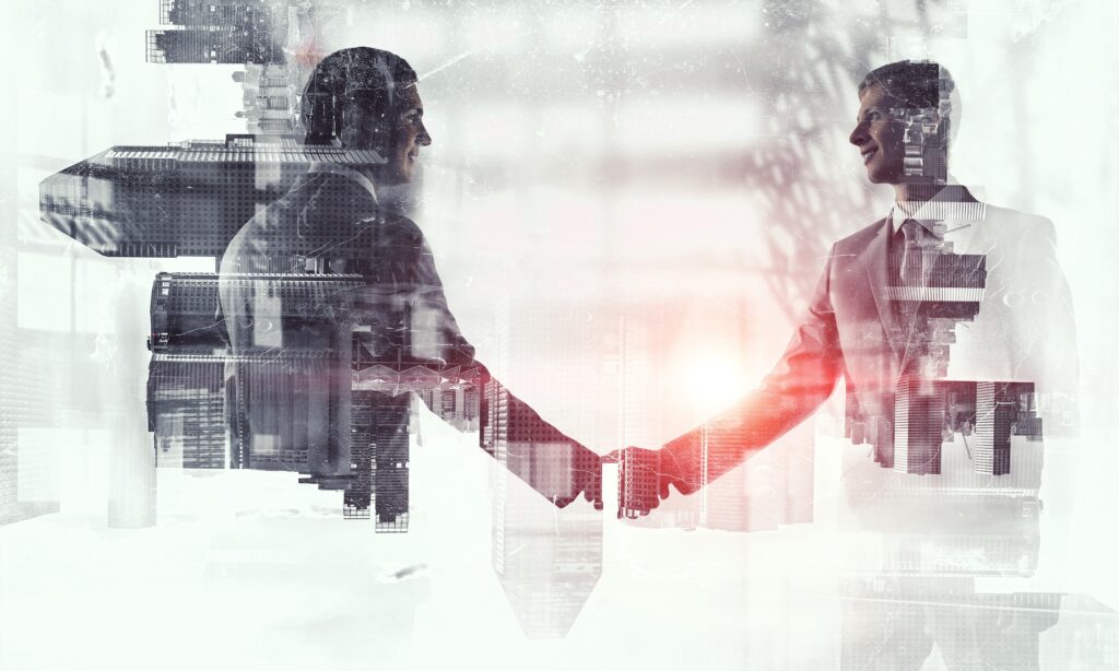 Dos empresarios se estrechan la mano representando la fusión Baloise – Helvetia y la revisión independiente de Suiza frente a la aprobación europea.