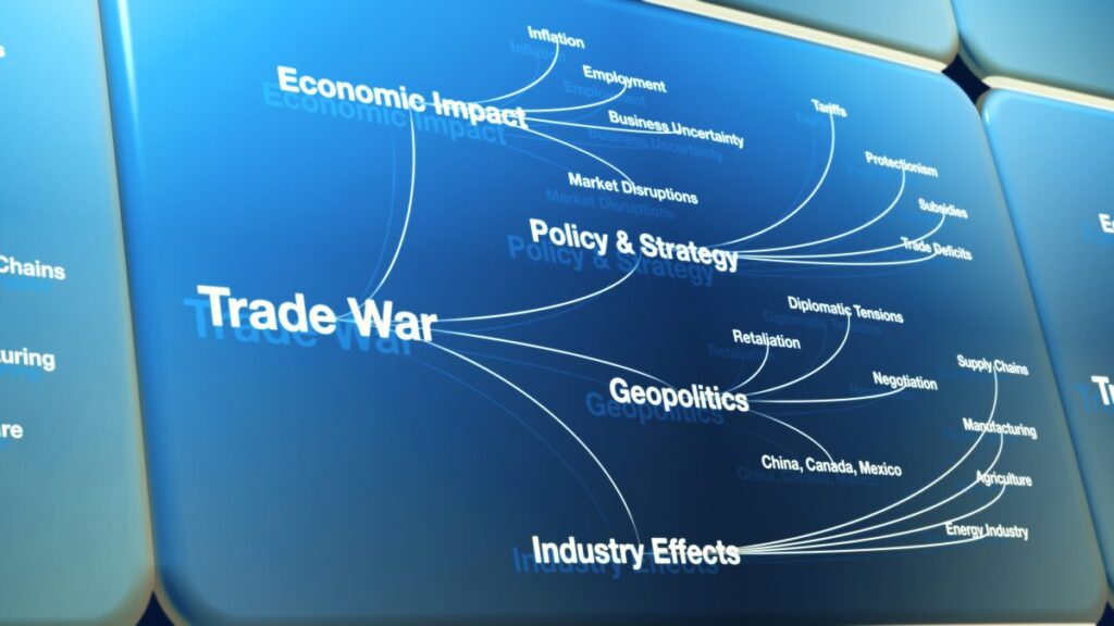 Diagrama sobre guerra comercial y tensión arancelaria mostrando efectos económicos, geopolíticos e industriales