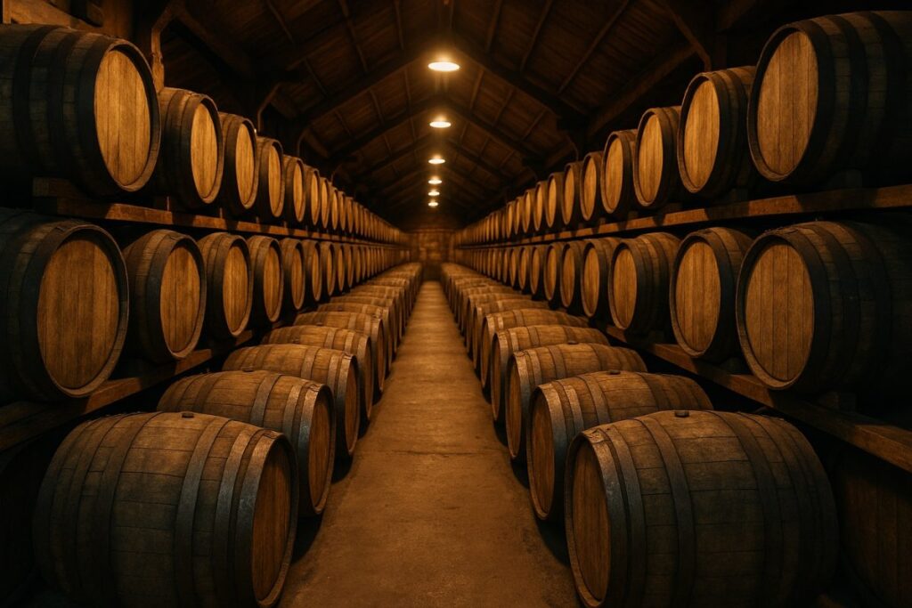 Fotografía de barriles de whisky en bodega iluminada, simbolizando impacto de aranceles al whisky en comercio internacional
