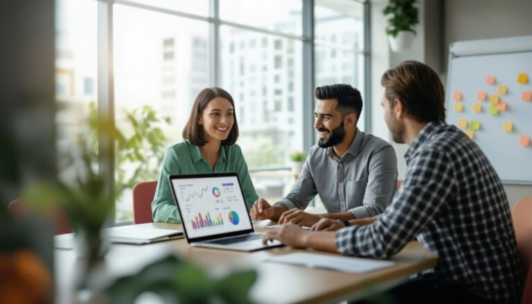 Empresarios en oficina mexicana revisan métricas digitales de retención de clientes