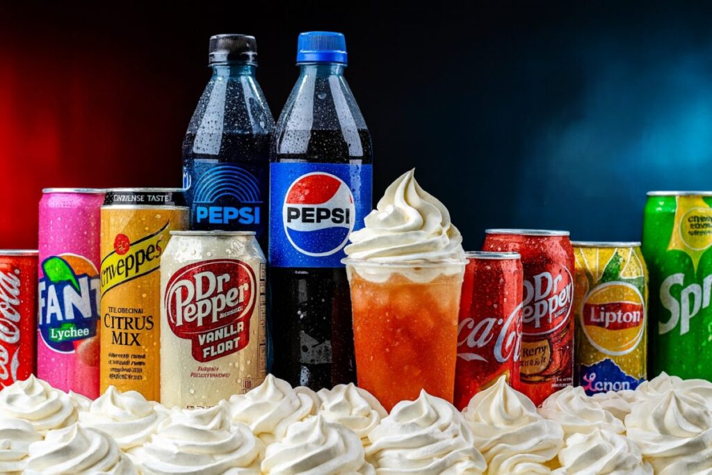 Dirty soda en vaso de plástico con sabores frutales junto a logotipos de PepsiCo y Taco Bell en un fondo moderno