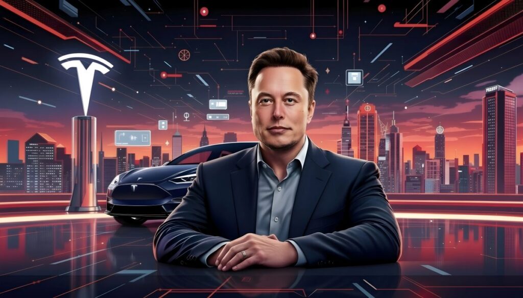 Imagen editorial de Musk en Tesla destacando sucesión empresarial y estabilidad corporativa