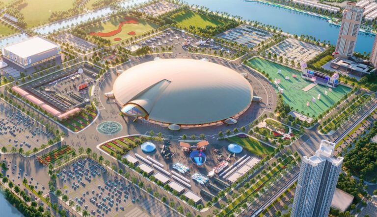 Vista moderna del Vietnam Exposition Center en Hanoi con arquitectura para negocios y cultura