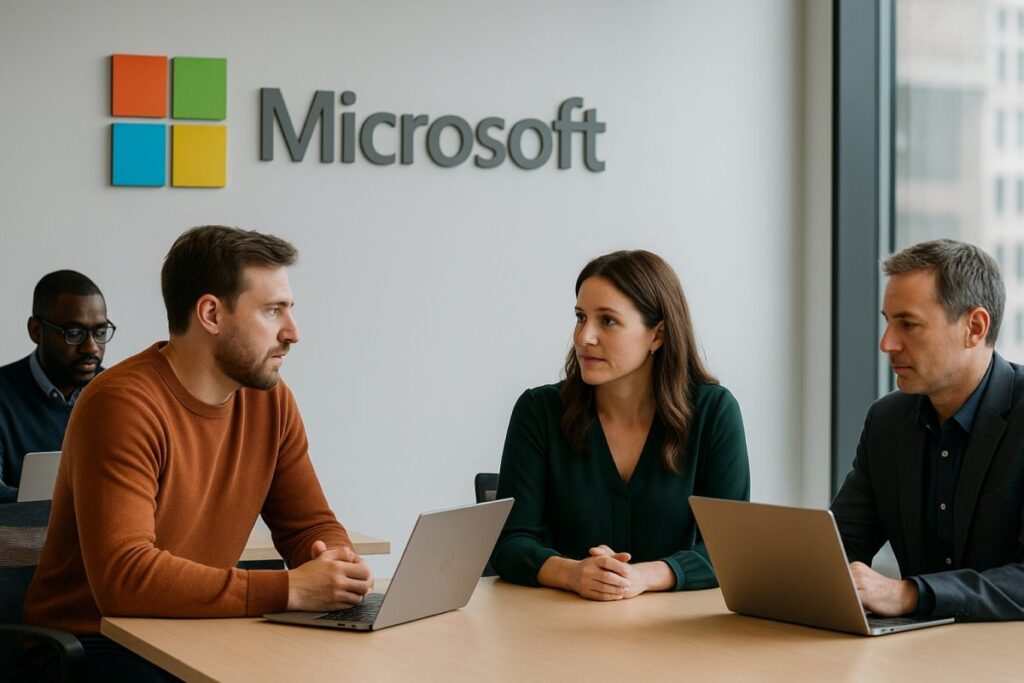 Empleados de Microsoft en oficina moderna en EE UU reforzando cultura empresarial y colaboración