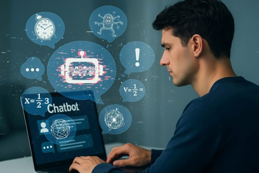 Representación de chatbots mostrando alucinaciones y límites técnicos en inteligencia artificial