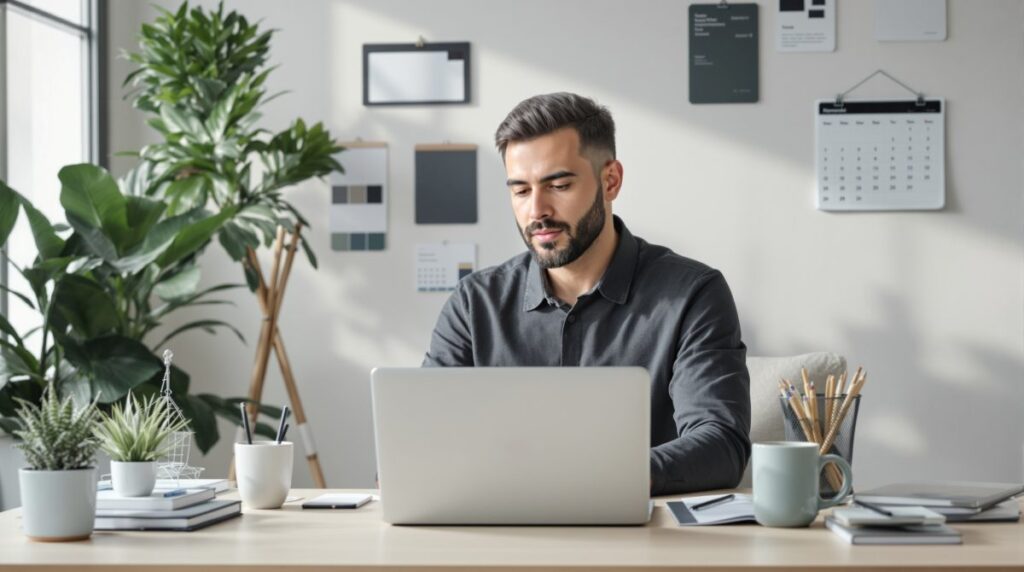 Emprendedor solopreneur en México trabajando con laptop y gráficos de productividad