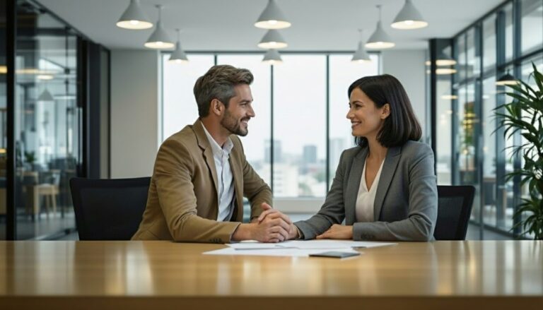 Trabajadores en oficina en México analizando la Ley Federal del Trabajo sobre parejas laborales