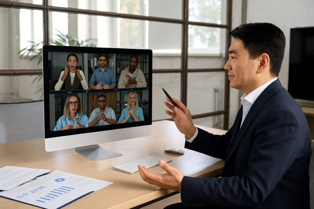 Zoom CEO Eric Yuan en oficina moderna representando eficiencia y liderazgo en reuniones efectivas