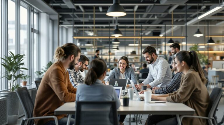 Equipo de trabajo colaborando en oficina moderna, símbolo de adaptabilidad organizacional y evolución laboral