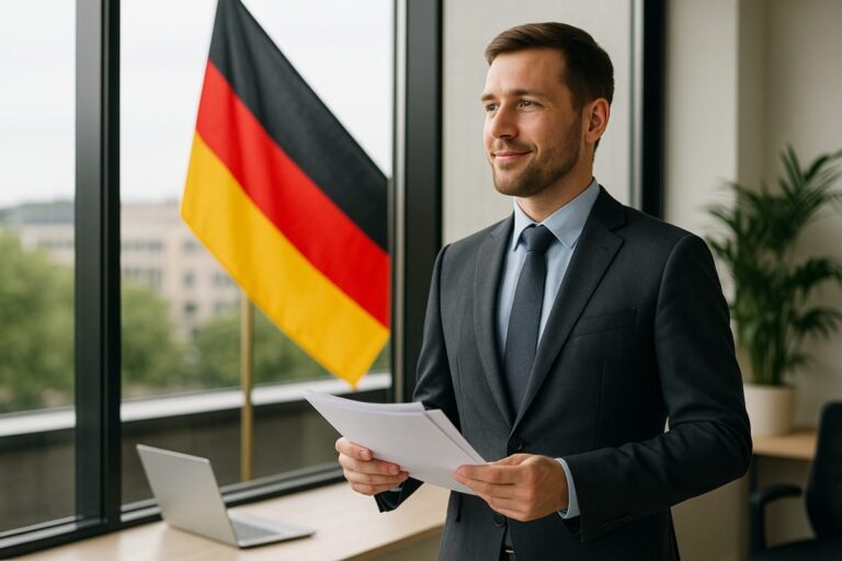 Profesional alemán en oficina moderna con la bandera de Alemania al fondo, representando el modelo laboral alemán y su enfoque en bienestar y equilibrio.
