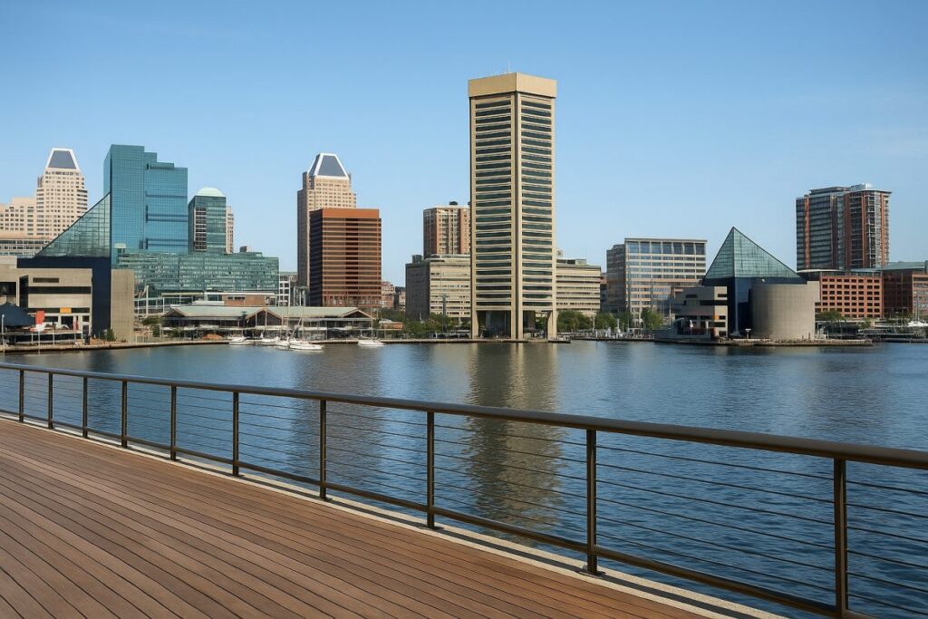 Ilustración arquitectónica del nuevo desarrollo de regeneración urbana en Harborplace Baltimore