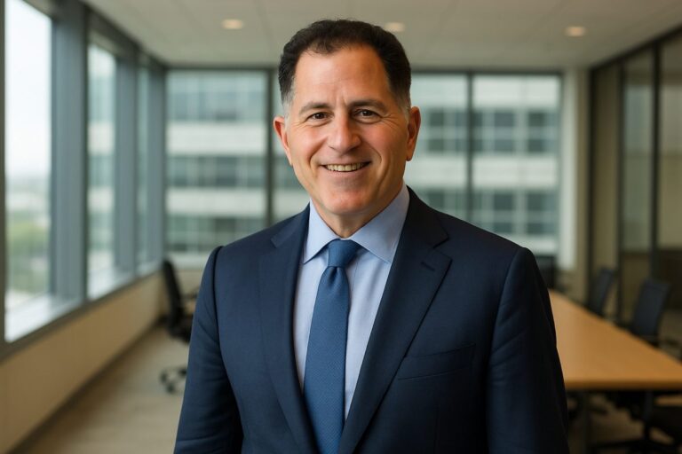 Retrato hiperrealista de Michael Dell en oficina moderna, reflejando liderazgo e inversión en energía distribuida junto a Base Power