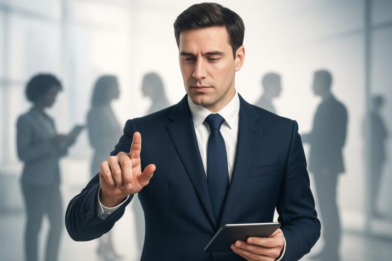 Ejecutivo en oficina moderna interactuando con tecnología, rodeado de siluetas colaborativas que representan cultura empresarial y bienestar laboral.