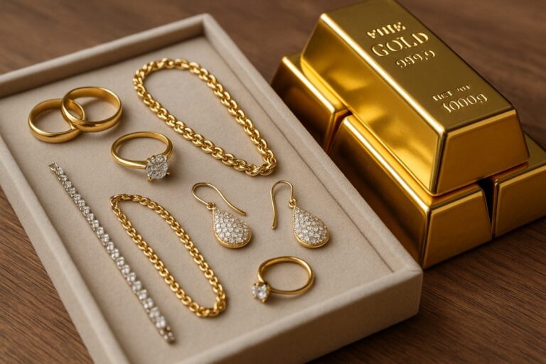 joyas y lingotes de oro sobre una superficie de madera que reflejan el aumento récord en los precios del oro