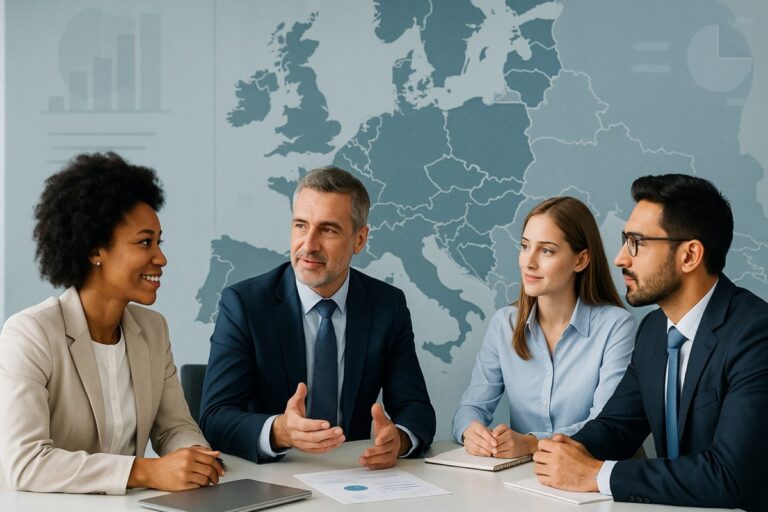 ejecutivos diversos colaborando en contexto empresarial europeo adaptado