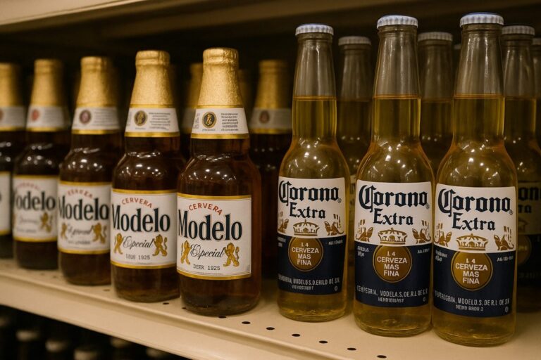 Botellas de cerveza Modelo y Corona en estantería de supermercado como símbolo de resiliencia empresarial y estrategia disciplinada.