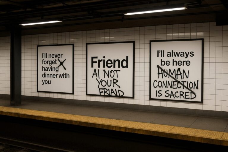 Estación del metro de Nueva York con carteles de Friend AI cubiertos por graffiti críticos
