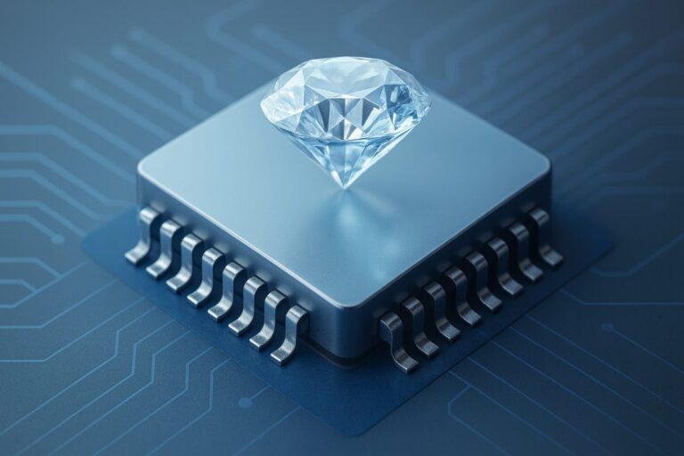 Representación de un chip con diamante sintético para mejorar eficiencia térmica en centros de datos