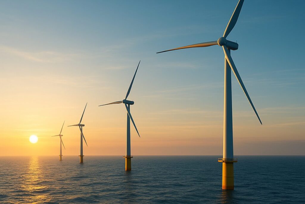 Parques de turbinas eólicas marinas en Dinamarca simbolizando energía eólica e innovación corporativa