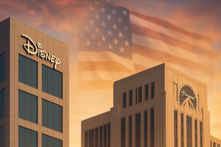 Edificios corporativos de Disney y Paramount con bandera de Estados Unidos difuminada en el cielo durante un atardecer invernal.