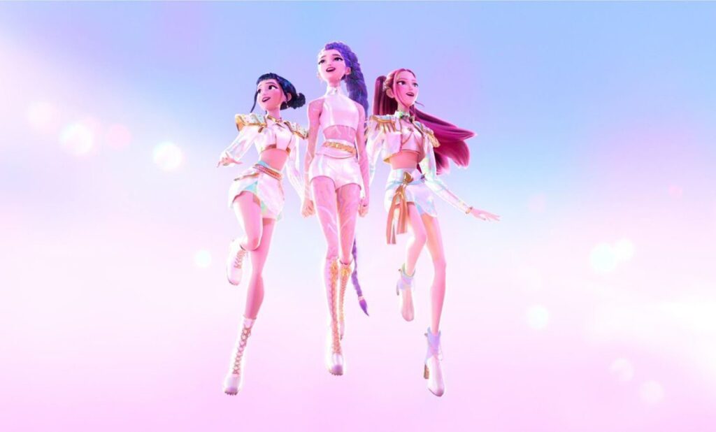 Cultura empresarial flexible y adaptativa reflejada en el caso Las Guerreras K-Pop Instrucciones: estilo editorial moderno y cinematográfico, protagonistas actuando en escenario con luces de concierto, sin texto en la imagen, formato horizontal y de alta resolución.