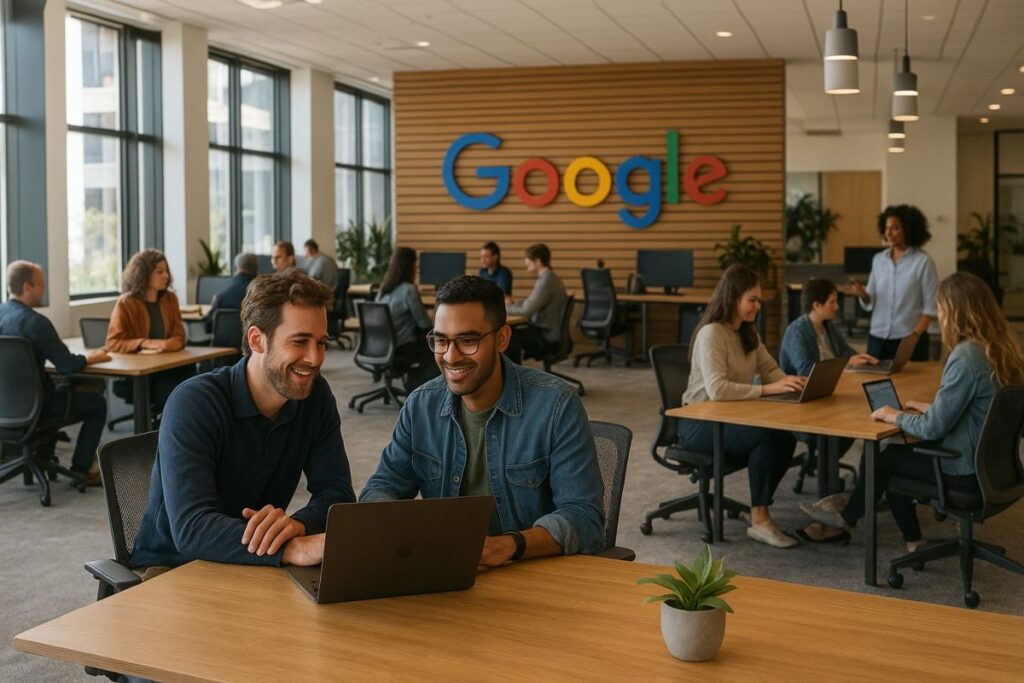 Oficinas de Google en Estados Unidos muestran la nueva política de trabajo remoto que combina flexibilidad y colaboración presencial.
