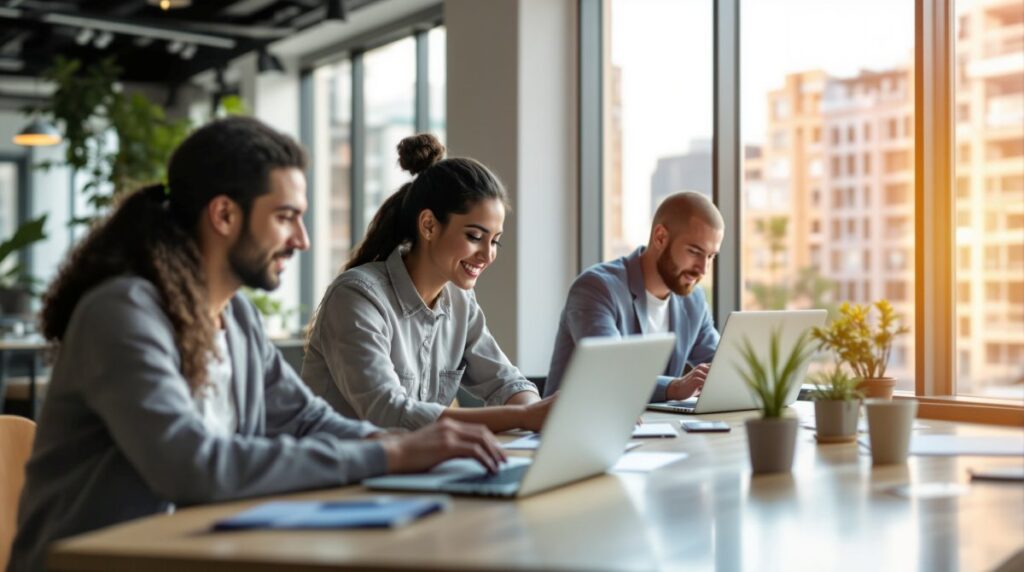 Trabajadores remotos y nómadas digitales colaborando desde espacios de coworking con tecnología y movilidad global.