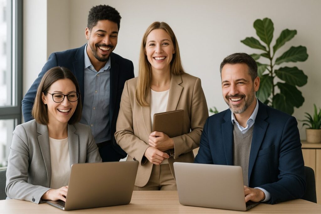 Profesionales colaborando en entorno digital que representa la transformación empresarial impulsada por IA en Unilabs.