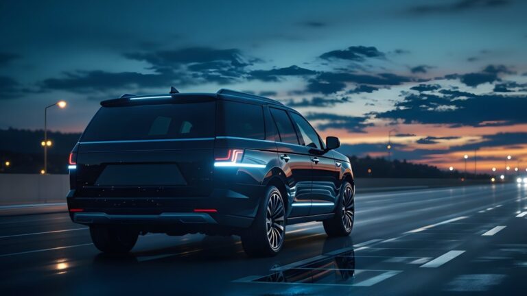 SUV blindado de lujo circulando por una autopista al atardecer, con luces encendidas y reflejos sobre el pavimento húmedo. La escena transmite seguridad, control y precisión tecnológica, conceptos centrales en los análisis de Shel-Ha Solutions sobre el impacto del peso y la estabilidad en vehículos blindados.