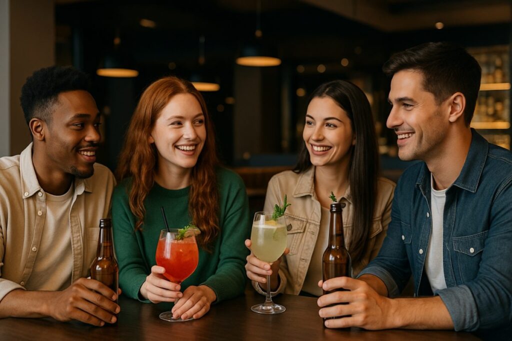 Jóvenes disfrutan bebidas sin alcohol en un bar moderno representando el movimiento sober curiosity
