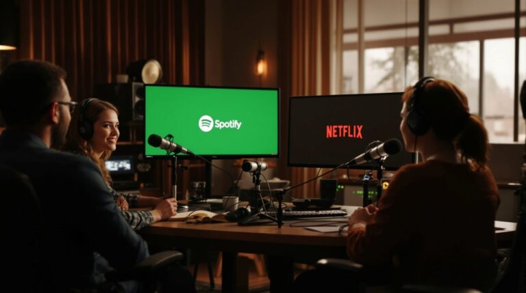 Presentadores grabando un video podcast en un estudio moderno con pantallas y luces, representando la alianza Spotify-Netflix