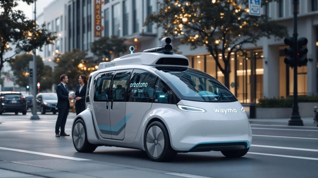 Ejecutivos de Waymo frente a robotaxis autónomos, símbolo de cultura empresarial segura e innovación responsable.