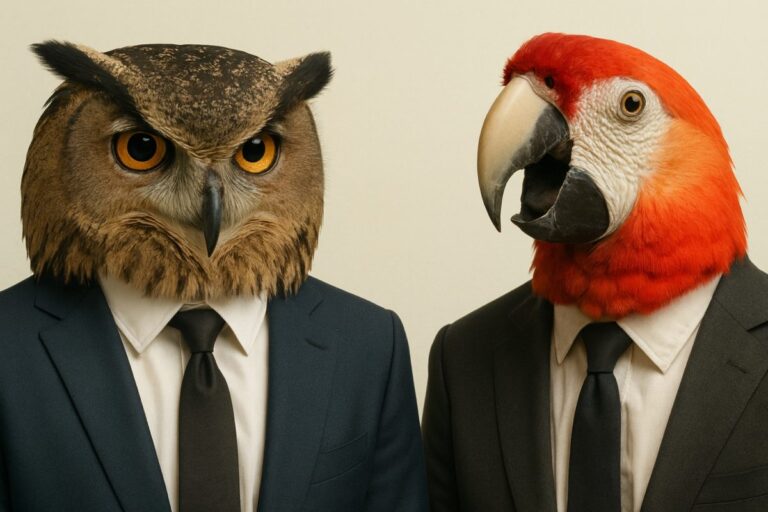 Ilustración de un entorno de trabajo donde el búho y el loro simbolizan la diversidad en la cultura empresarial