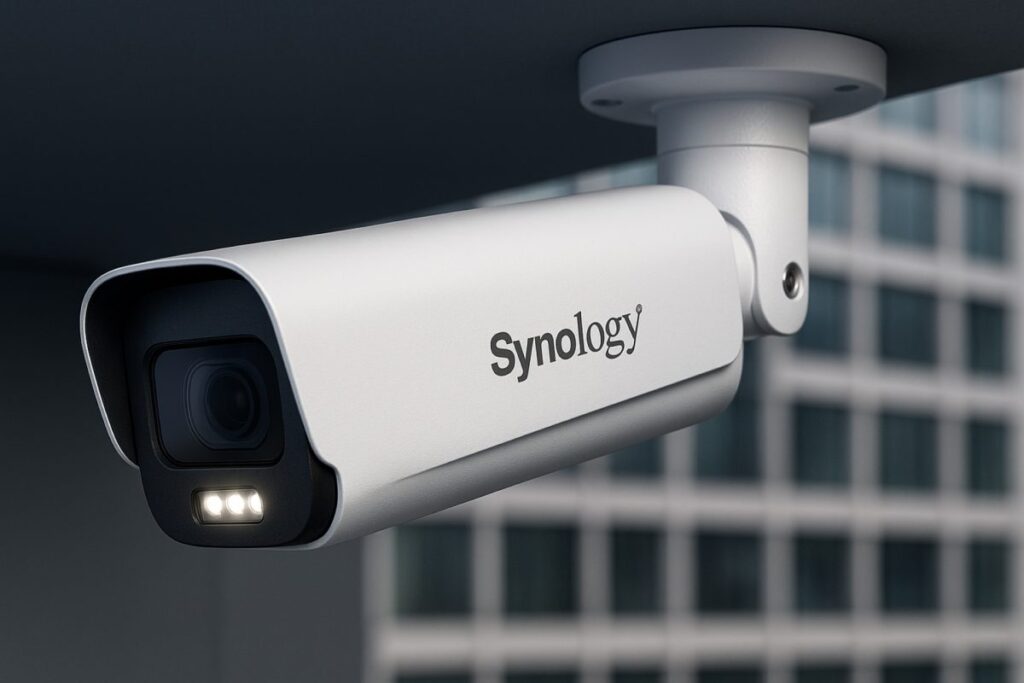 Cámara de videovigilancia BC800Z de Synology instalada en empresa, enfocada en seguridad empresarial