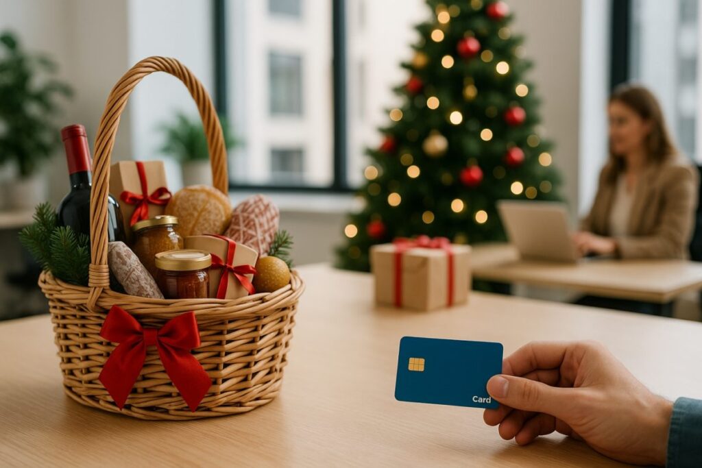 Colaboradores chilenos recibiendo cesta de Navidad en oficina moderna como gesto de cultura empresarial