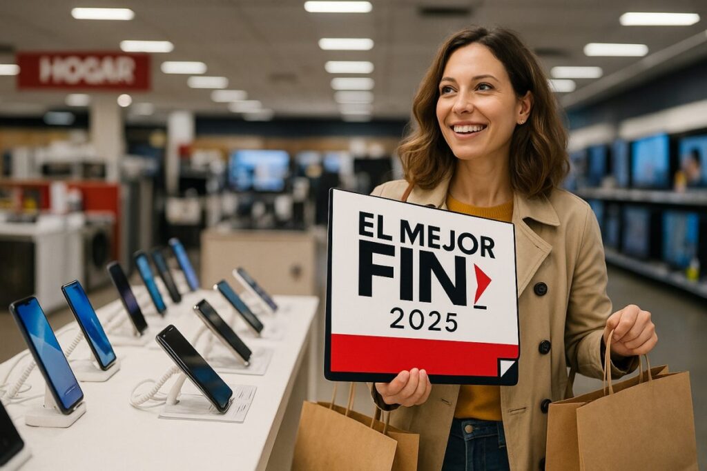 Mujer observando productos electrónicos en una tienda Elektra mientras sostiene un cartel de El Mejor Fin 2025 durante un periodo de descuentos prolongado.