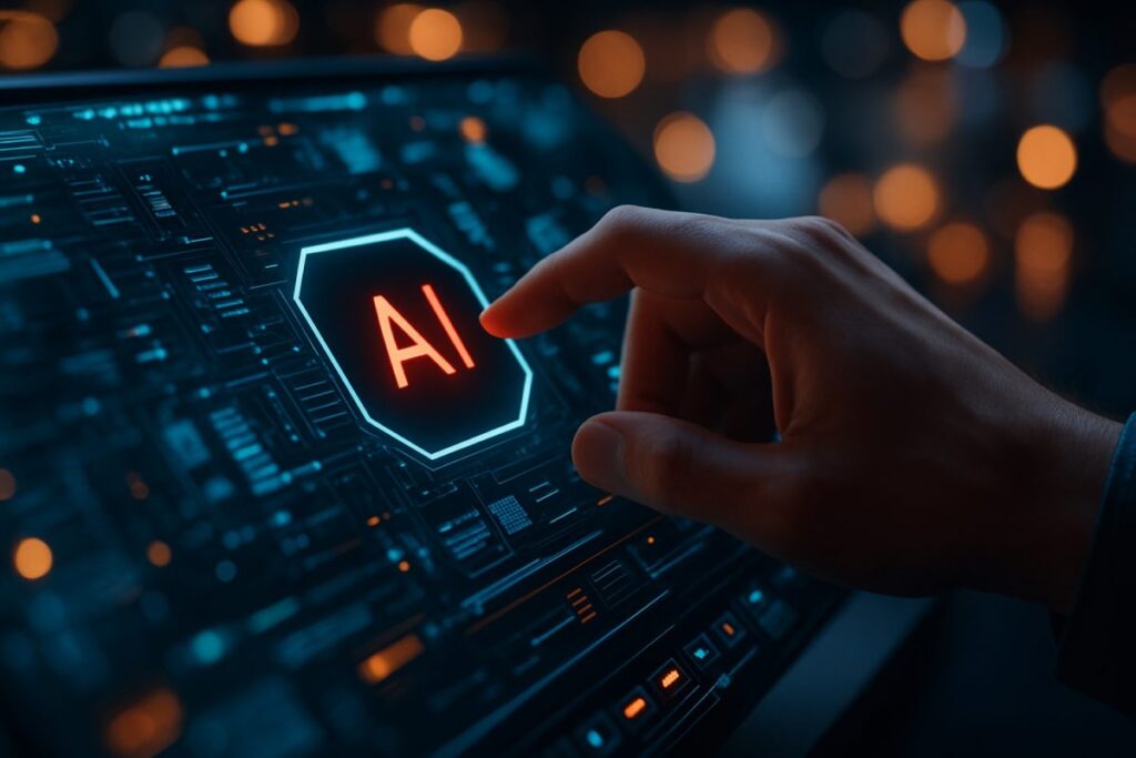 Pantalla digital de inteligencia artificial empresarial con interfaz futurista en un entorno corporativo